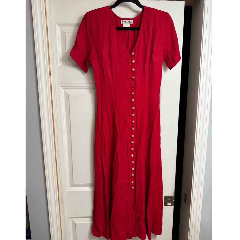 Vtg Just Choon Red Midi Dress Pearl Button Lace Up USA Size 7 READ